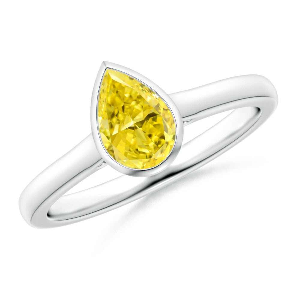 (J 1-2, 9ct White Gold) Angara Bezel-Set Solitaire Pear-Shaped Lab-Grown Fancy Intense Yellow Diamond Engagement Ring for Women