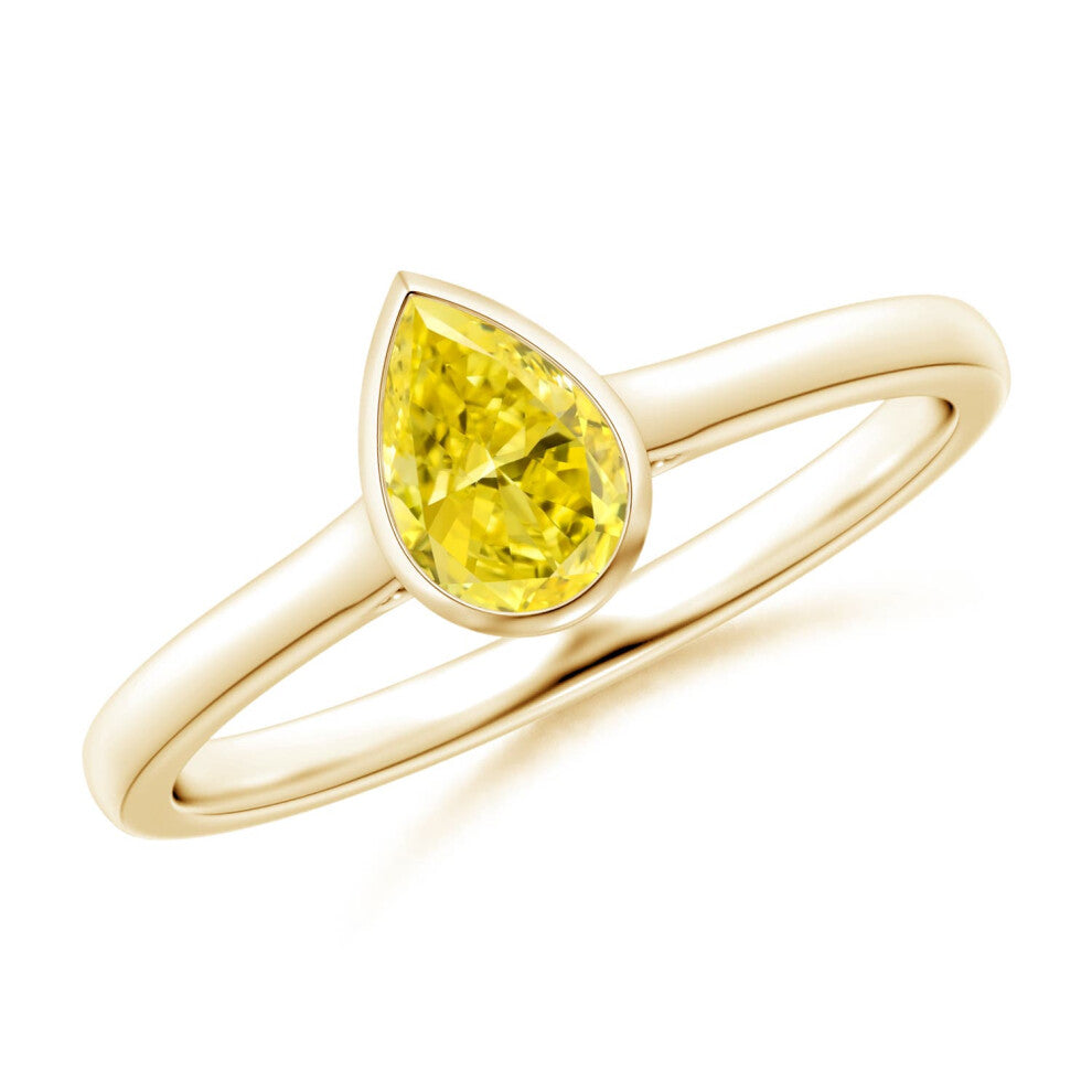 (P 1-2, 14ct Yellow Gold) Angara Bezel-Set Solitaire Pear-Shaped Lab-Grown Fancy Intense Yellow Diamond Engagement Ring for Women