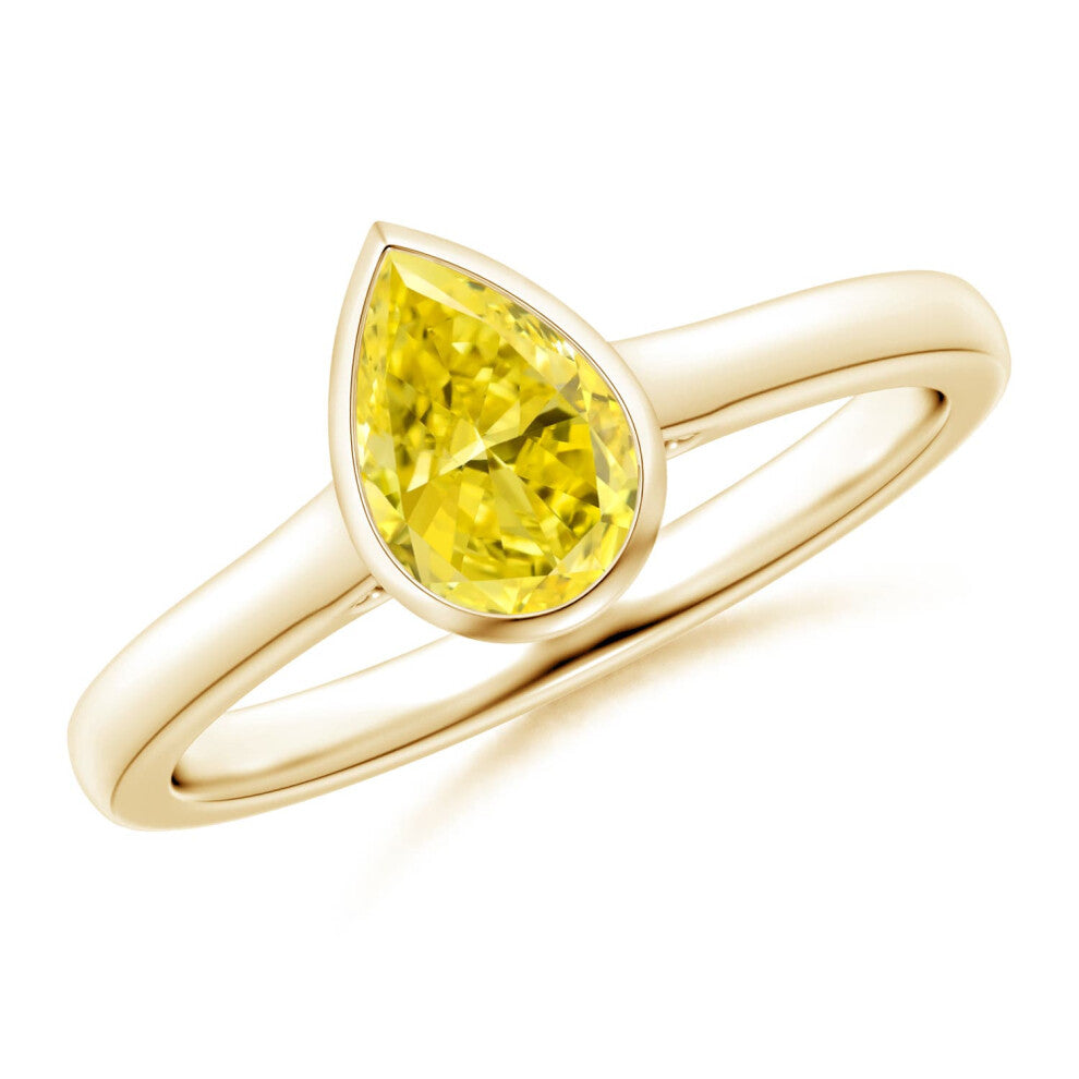 (K 1-2, 14ct Yellow Gold) Angara Bezel-Set Solitaire Pear-Shaped Lab-Grown Fancy Intense Yellow Diamond Engagement Ring for Women