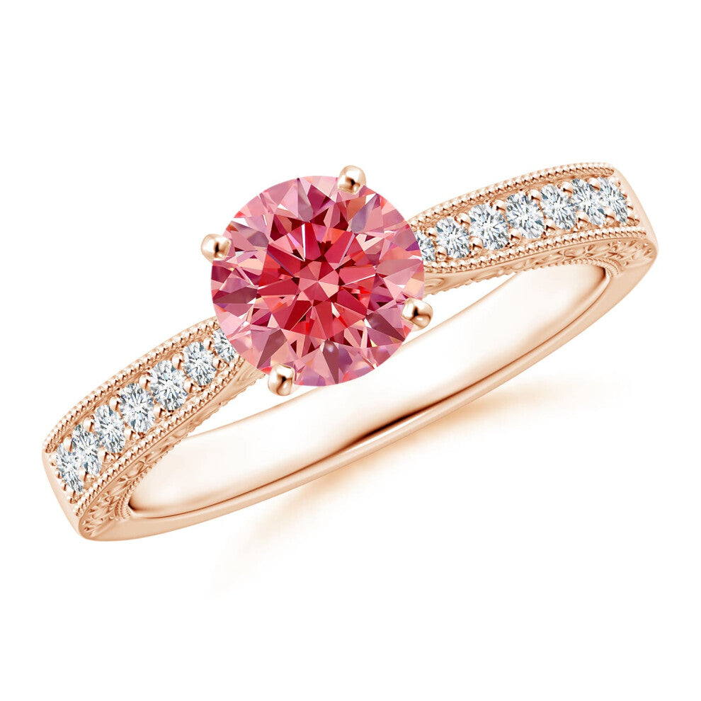 (S 1-2, 14ct Rose Gold) Angara Lab-Grown Fancy Intense Pink Diamond Solitaire Engraved Engagement Ring with Accents for Women