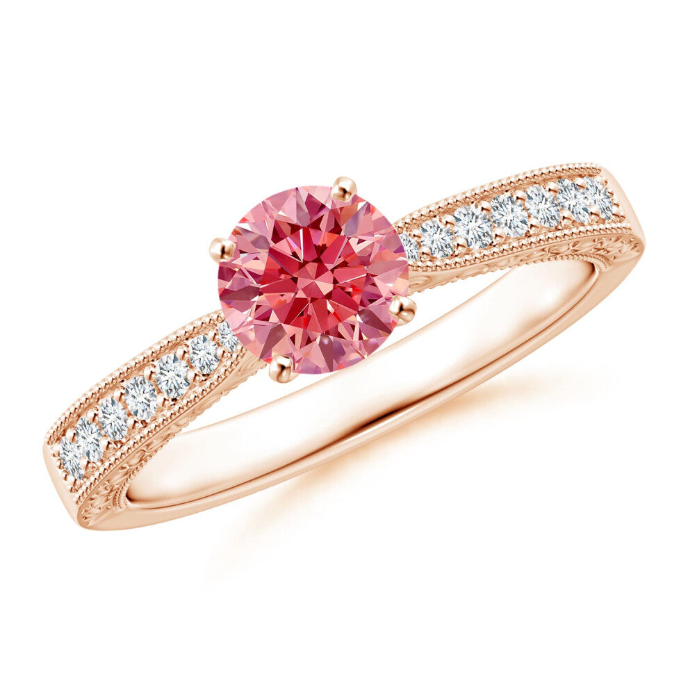 (R 1-2, 9ct Rose Gold) Angara Lab-Grown Fancy Intense Pink Diamond Solitaire Engraved Engagement Ring with Accents for Women