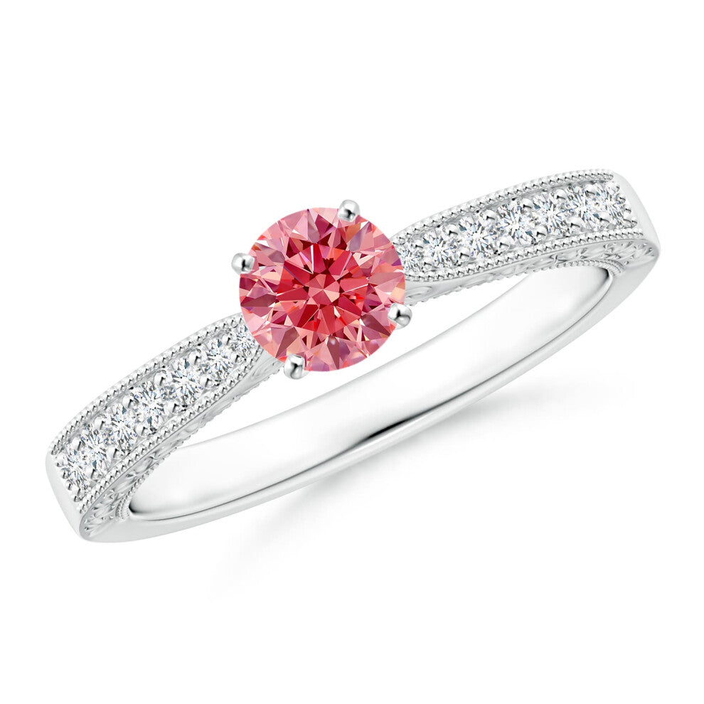 (R 1-2, 14ct White Gold) Angara Lab-Grown Fancy Intense Pink Diamond Solitaire Engraved Engagement Ring with Accents for Women