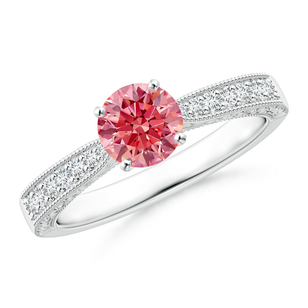 (K 1-2, 14ct White Gold) Angara Lab-Grown Fancy Intense Pink Diamond Solitaire Engraved Engagement Ring with Accents for Women