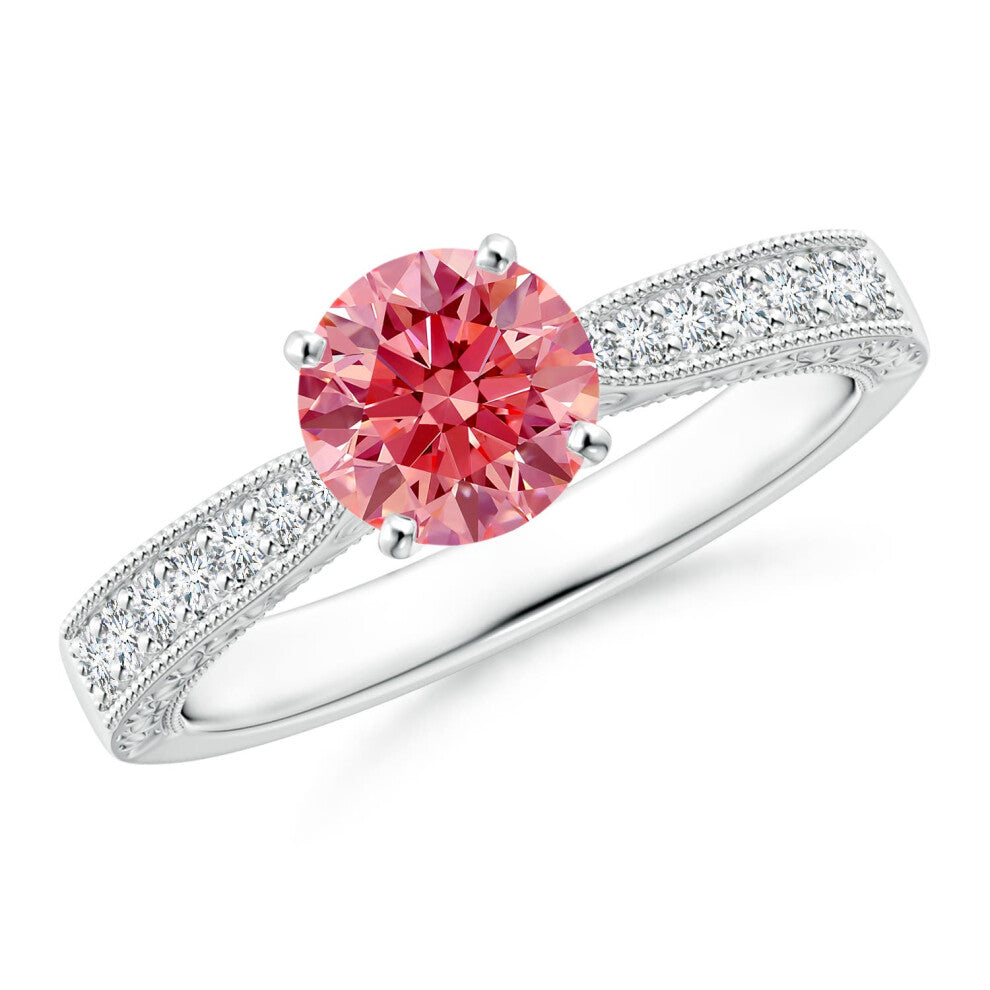 (K 1-2, 14ct White Gold) Angara Lab-Grown Fancy Intense Pink Diamond Solitaire Engraved Engagement Ring with Accents for Women