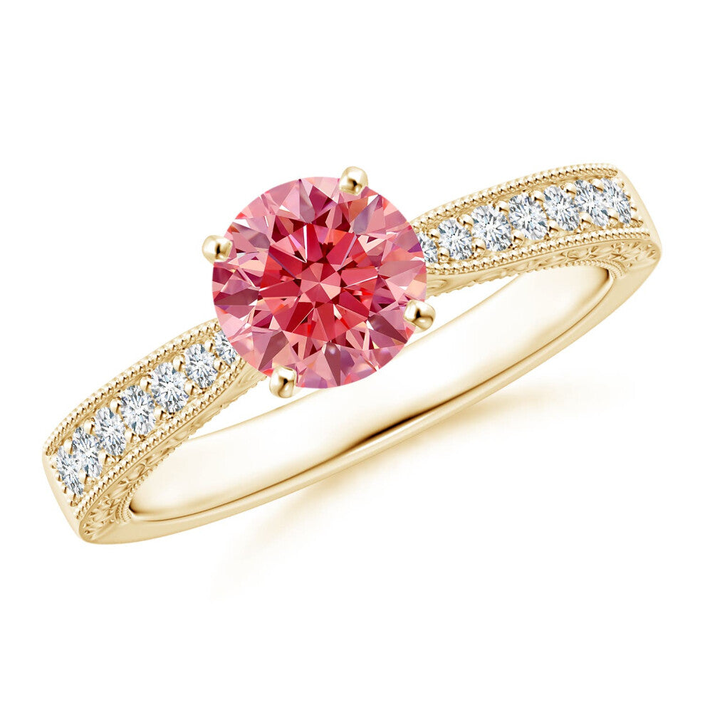 (O 1-2, 14ct Yellow Gold) Angara Lab-Grown Fancy Intense Pink Diamond Solitaire Engraved Engagement Ring with Accents for Women