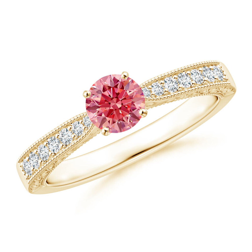 (M 1-2, 9ct Yellow Gold) Angara Lab-Grown Fancy Intense Pink Diamond Solitaire Engraved Engagement Ring with Accents for Women
