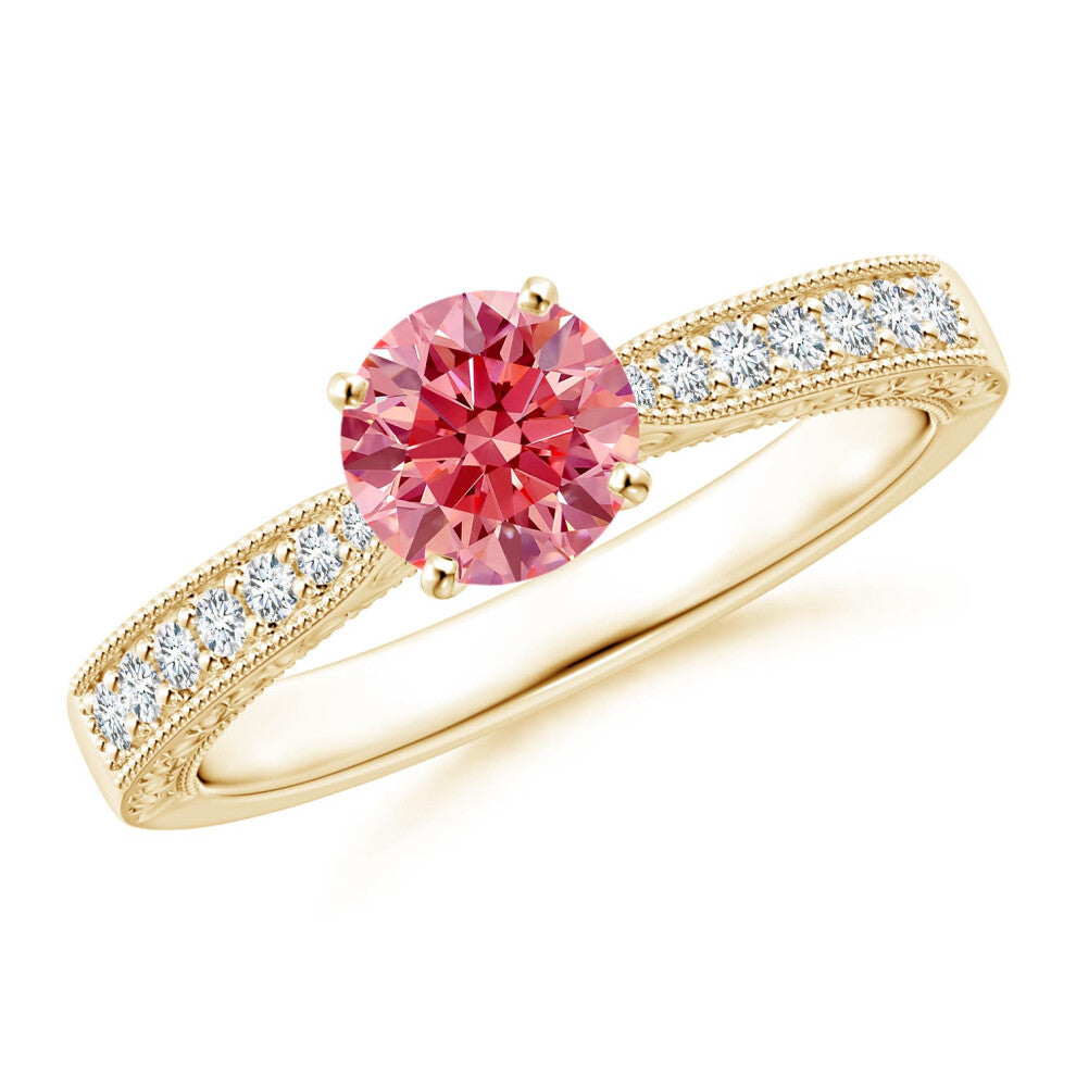 (P 1-2, 9ct Yellow Gold) Angara Lab-Grown Fancy Intense Pink Diamond Solitaire Engraved Engagement Ring with Accents for Women
