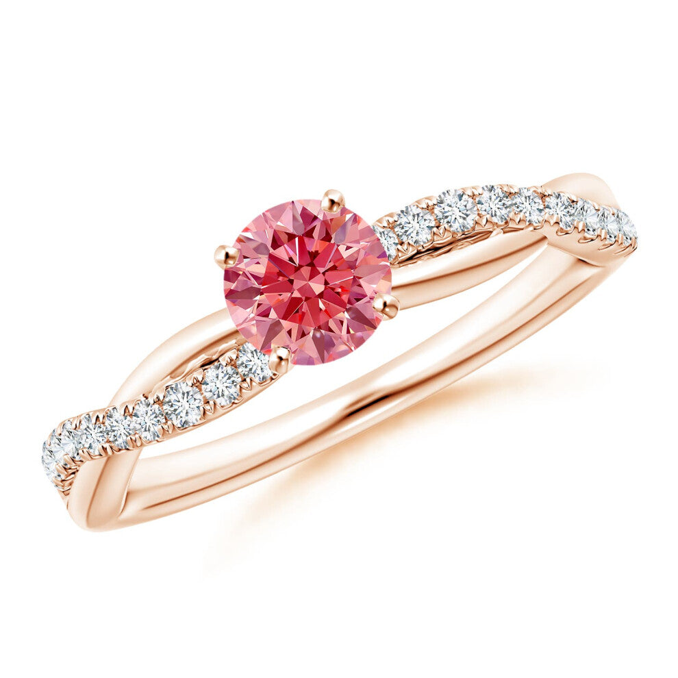 (Q 1-2, 14ct Rose Gold) Angara Solitaire Lab-Grown Fancy Intense Pink Diamond Twist Shank Engagement Ring with Accents for Women