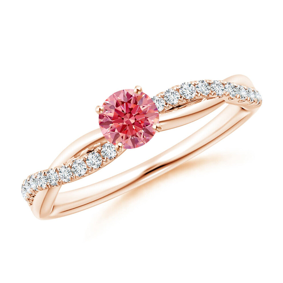 (M 1-2, 9ct Rose Gold) Angara Solitaire Lab-Grown Fancy Intense Pink Diamond Twist Shank Engagement Ring with Accents for Women