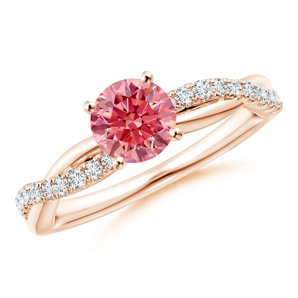 (J 1-2, 9ct Rose Gold) Angara Solitaire Lab-Grown Fancy Intense Pink Diamond Twist Shank Engagement Ring with Accents for Women