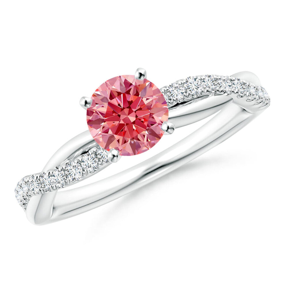 (K 1-2, 14ct White Gold) Angara Solitaire Lab-Grown Fancy Intense Pink Diamond Twist Shank Engagement Ring with Accents for Women