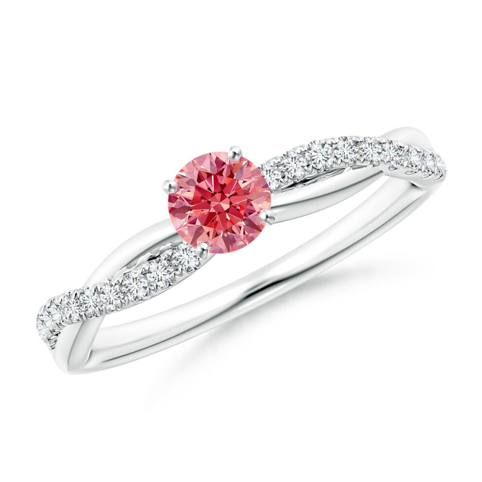 (P 1-2, 9ct White Gold) Angara Solitaire Lab-Grown Fancy Intense Pink Diamond Twist Shank Engagement Ring with Accents for Women