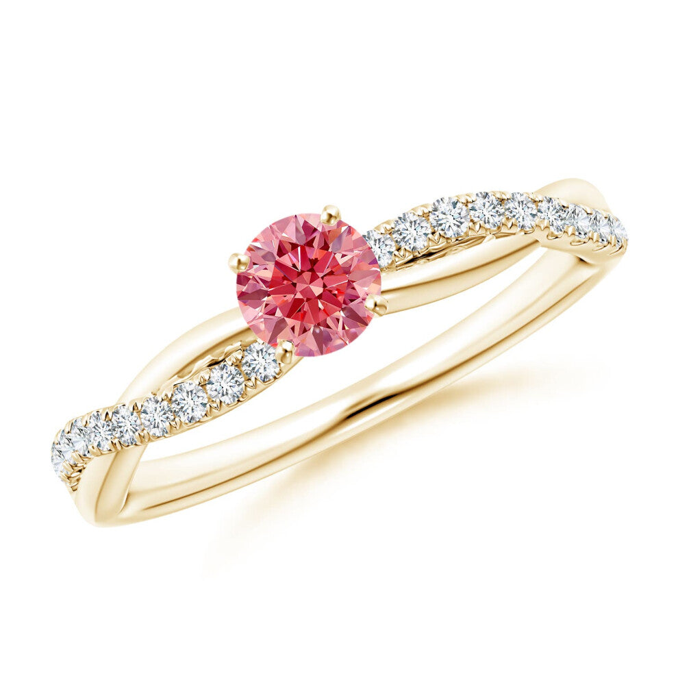 (R 1-2, 9ct Yellow Gold) Angara Solitaire Lab-Grown Fancy Intense Pink Diamond Twist Shank Engagement Ring with Accents for Women