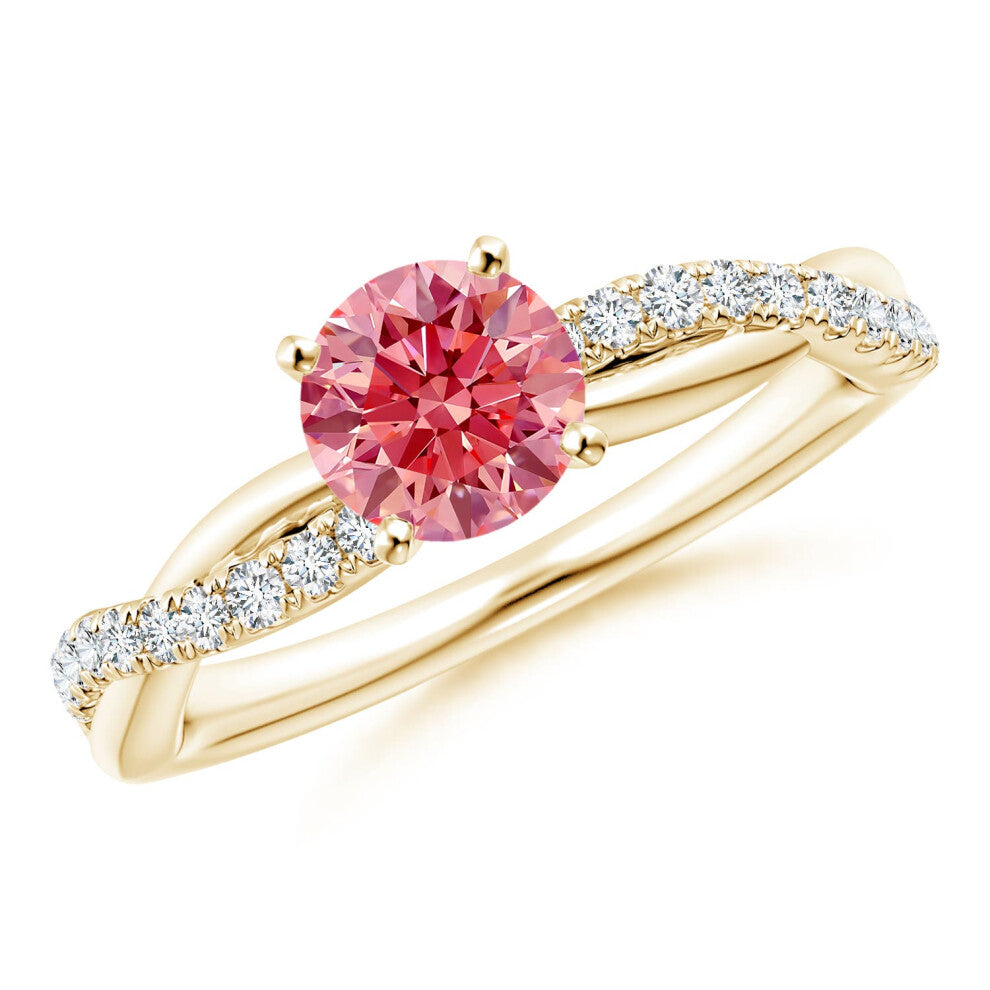 (P 1-2, 9ct Yellow Gold) Angara Solitaire Lab-Grown Fancy Intense Pink Diamond Twist Shank Engagement Ring with Accents for Women