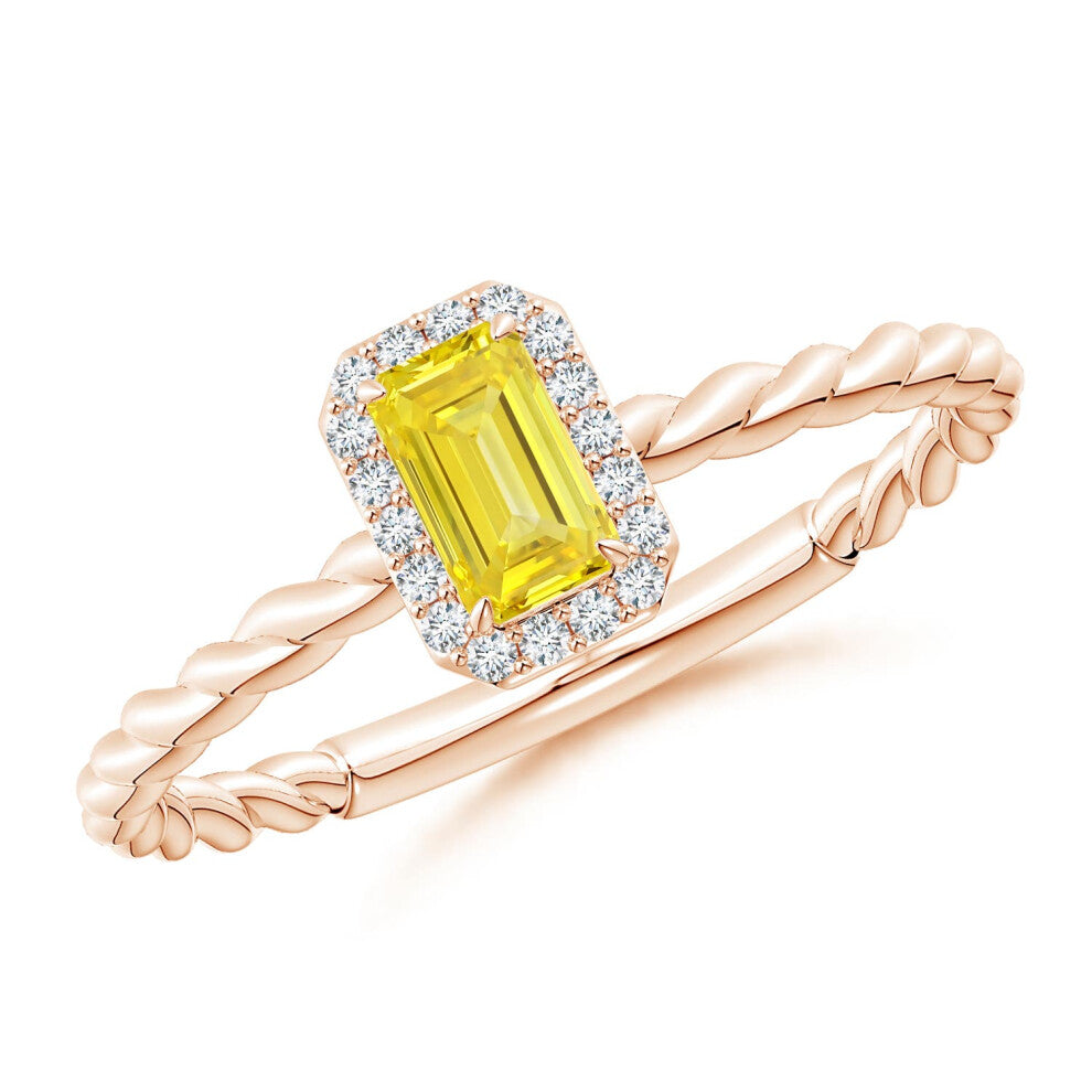 (P 1-2, 14ct Rose Gold) Angara Emerald-Cut Lab-Grown Intense Yellow Diamond Halo Twisted Shank Engagement Ring for Women (Size: 5x3mm | Colour: Intens