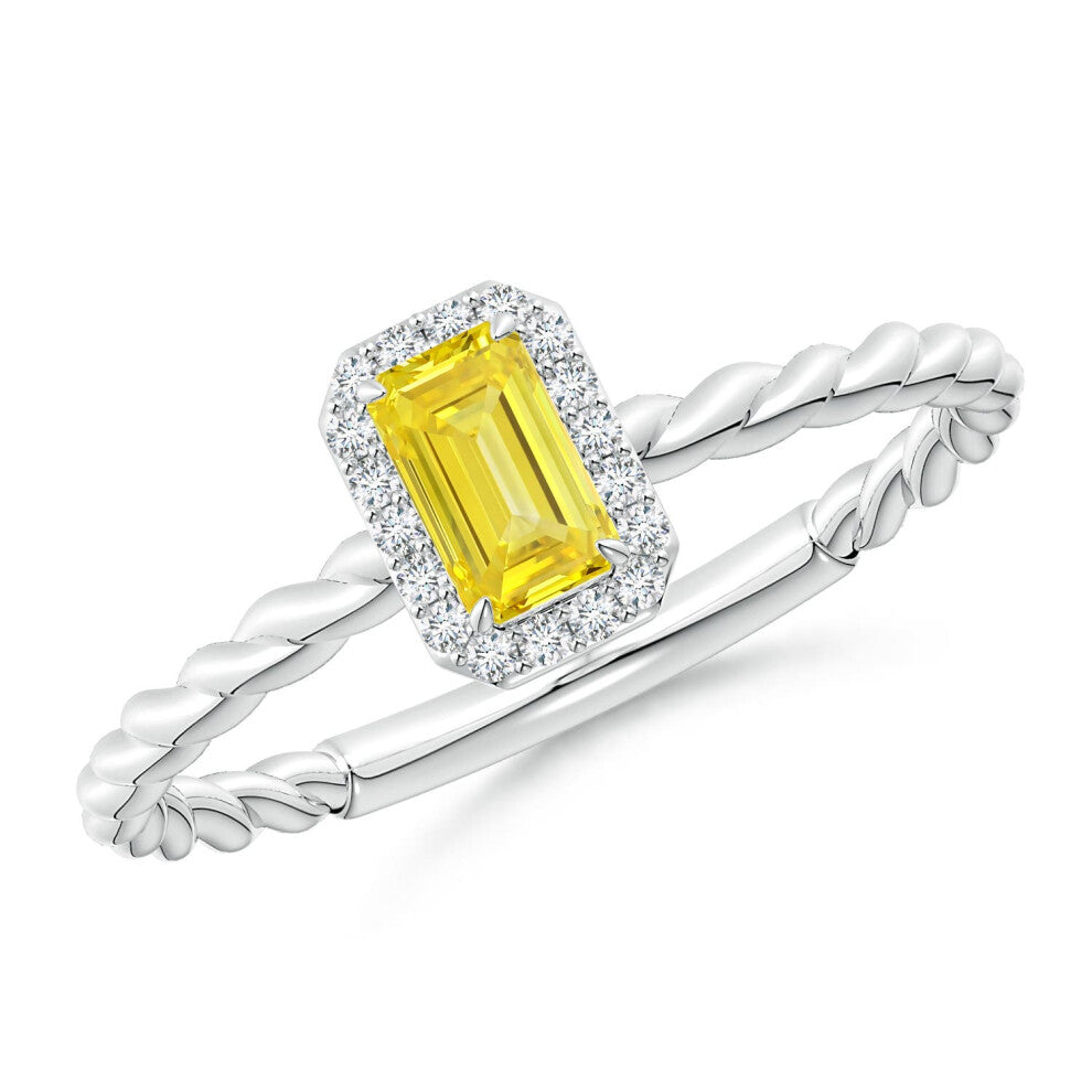 (N 1-2, 9ct White Gold) Angara Emerald-Cut Lab-Grown Intense Yellow Diamond Halo Twisted Shank Engagement Ring for Women (Size: 5x3mm | Colour: Intens