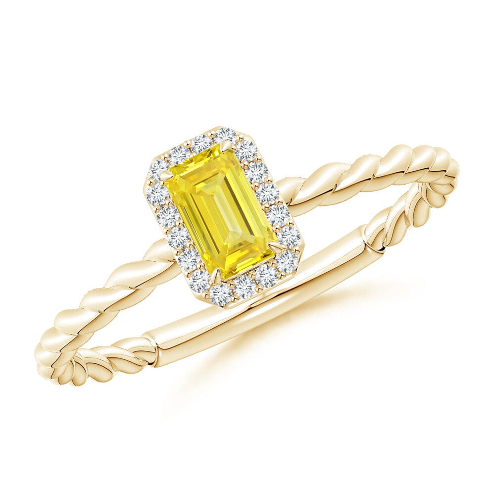 (O 1-2, 9ct Yellow Gold) Angara Emerald-Cut Lab-Grown Intense Yellow Diamond Halo Twisted Shank Engagement Ring for Women (Size: 5x3mm | Colour: Inten