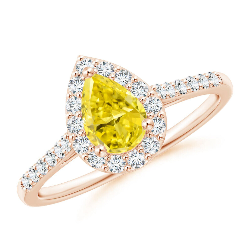 (K 1-2, 14ct Rose Gold) Angara Pear-Shaped Lab-Grown Fancy Intense Yellow Diamond Halo Engagement Ring with Accents for Women