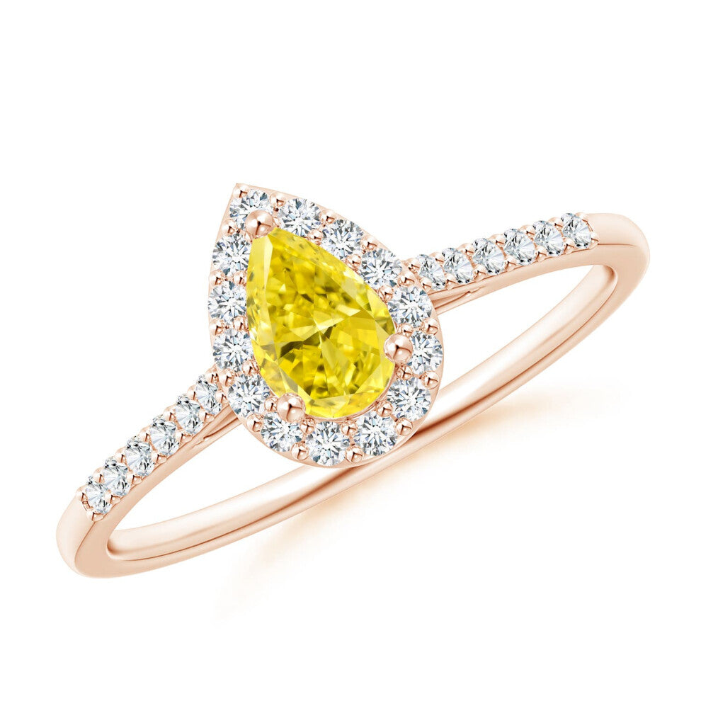 (N 1-2, 9ct Rose Gold) Angara Pear-Shaped Lab-Grown Fancy Intense Yellow Diamond Halo Engagement Ring with Accents for Women