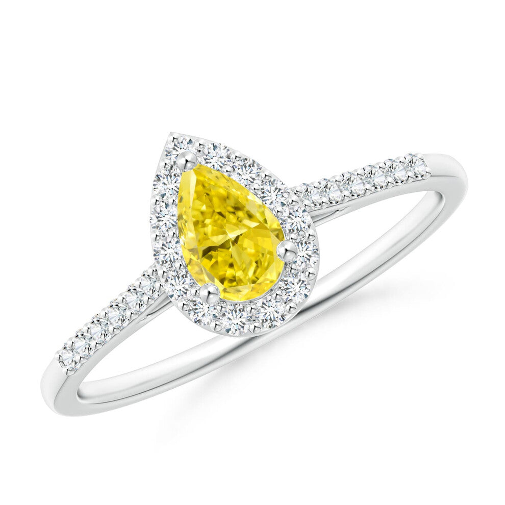 (M 1-2, 9ct White Gold) Angara Pear-Shaped Lab-Grown Fancy Intense Yellow Diamond Halo Engagement Ring with Accents for Women