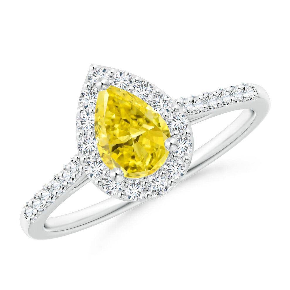 (P 1-2, 9ct White Gold) Angara Pear-Shaped Lab-Grown Fancy Intense Yellow Diamond Halo Engagement Ring with Accents for Women