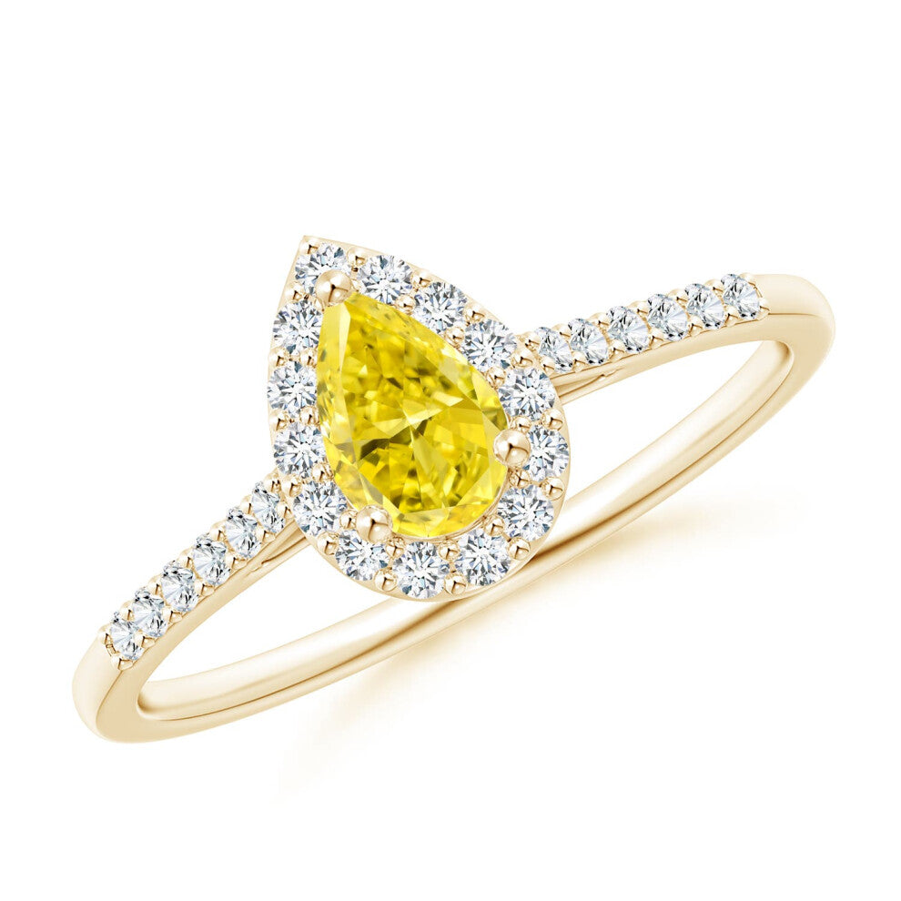(N 1-2, 14ct Yellow Gold) Angara Pear-Shaped Lab-Grown Fancy Intense Yellow Diamond Halo Engagement Ring with Accents for Women