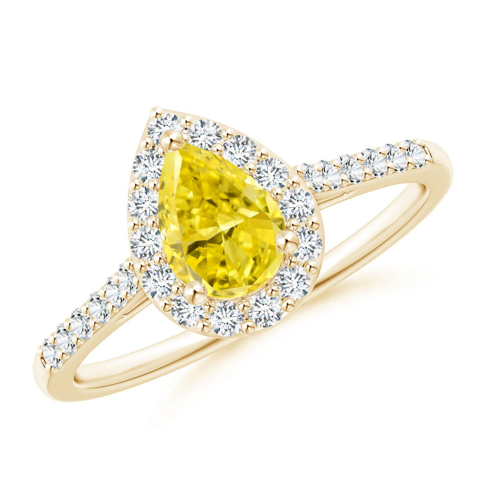 (Q 1-2, 14ct Yellow Gold) Angara Pear-Shaped Lab-Grown Fancy Intense Yellow Diamond Halo Engagement Ring with Accents for Women
