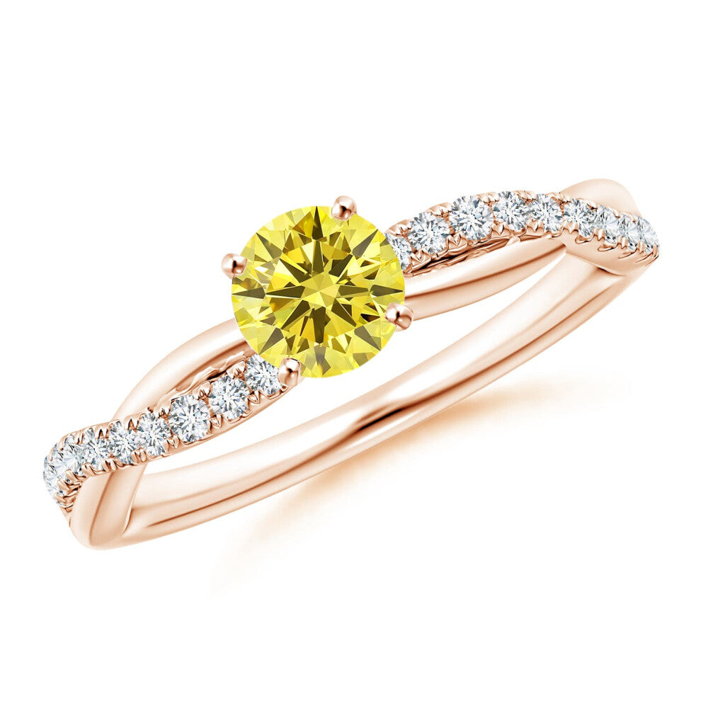 (R 1-2, 9ct Rose Gold) Angara Solitaire Lab-Grown Fancy Intense Yellow Diamond Twist Shank Engagement Ring with Accents for Women
