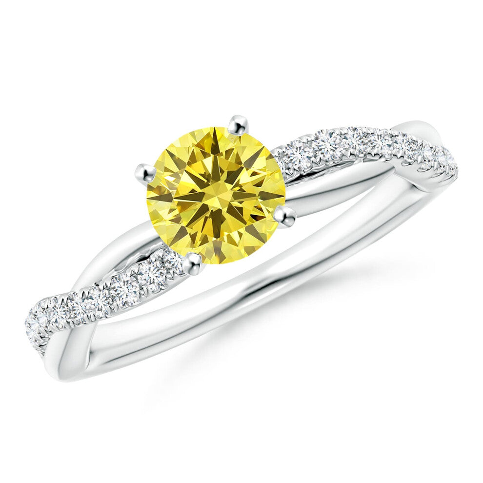 (Q 1-2, 14ct White Gold) Angara Solitaire Lab-Grown Fancy Intense Yellow Diamond Twist Shank Engagement Ring with Accents for Women