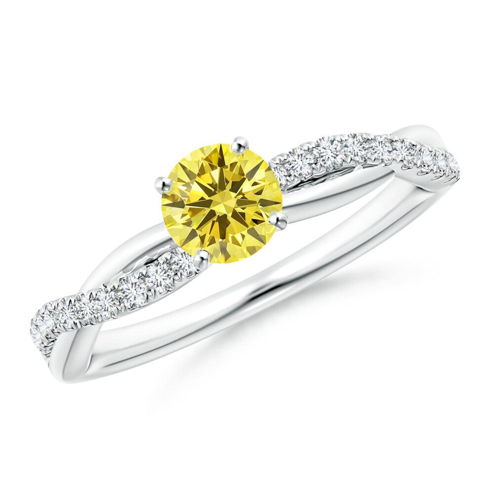 (L 1-2, 9ct White Gold) Angara Solitaire Lab-Grown Fancy Intense Yellow Diamond Twist Shank Engagement Ring with Accents for Women