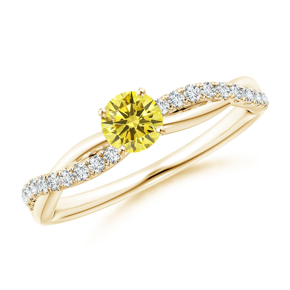 (J 1-2, 14ct Yellow Gold) Angara Solitaire Lab-Grown Fancy Intense Yellow Diamond Twist Shank Engagement Ring with Accents for Women