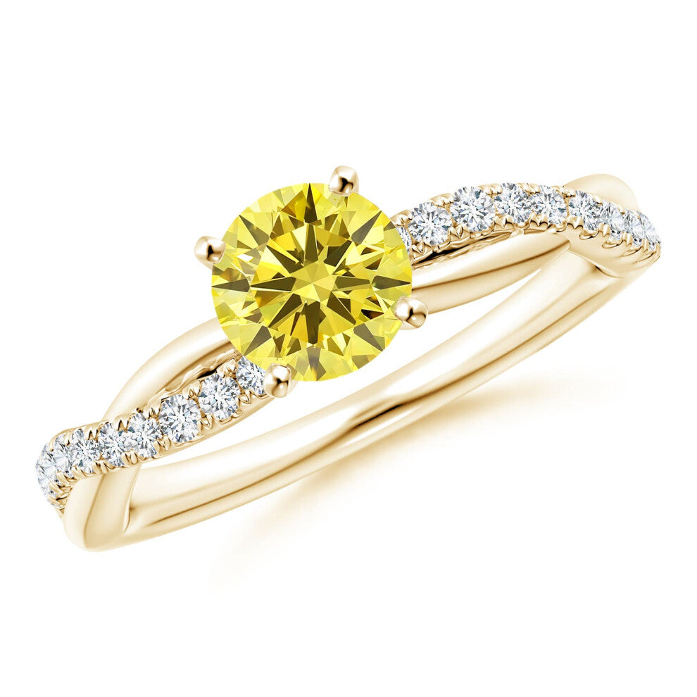 (T 1-2, 14ct Yellow Gold) Angara Solitaire Lab-Grown Fancy Intense Yellow Diamond Twist Shank Engagement Ring with Accents for Women