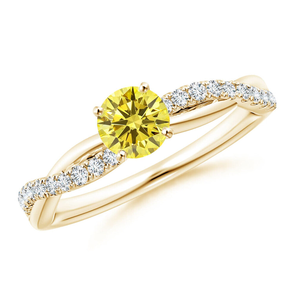 (N 1-2, 9ct Yellow Gold) Angara Solitaire Lab-Grown Fancy Intense Yellow Diamond Twist Shank Engagement Ring with Accents for Women
