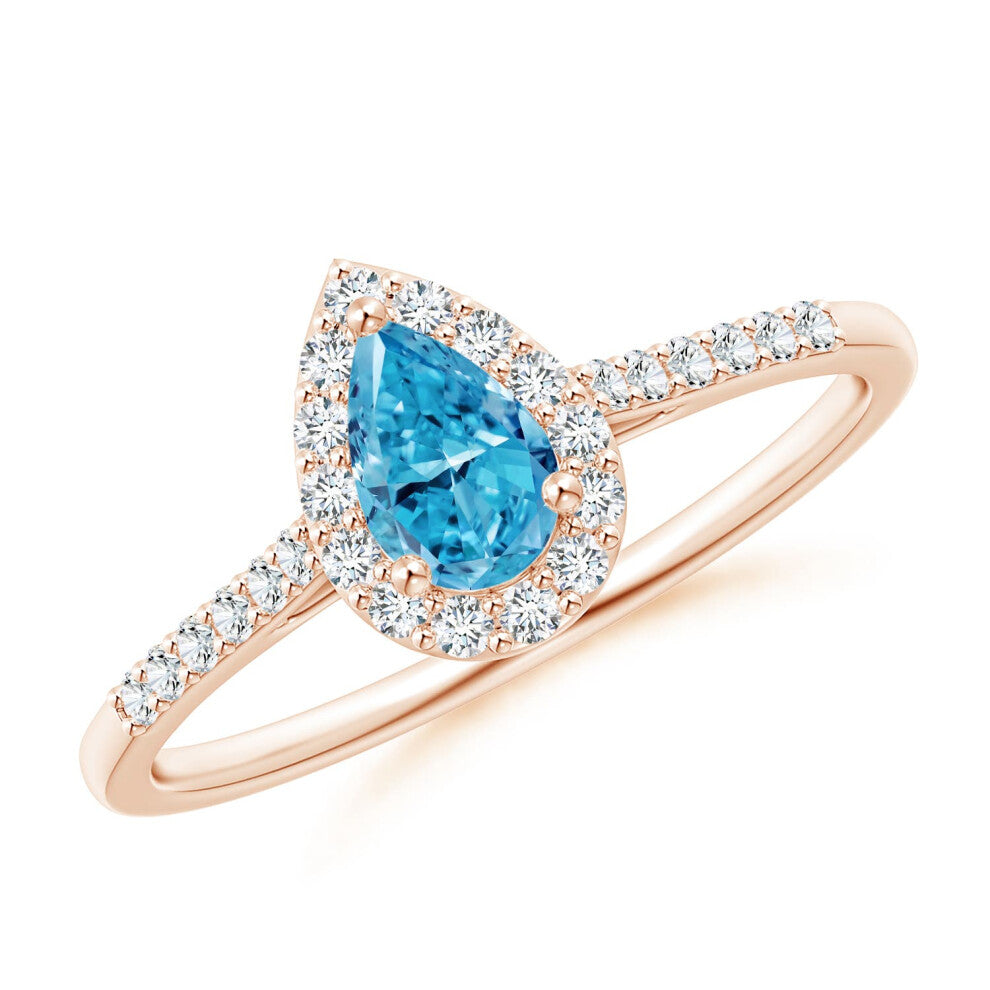 (K 1-2, 14ct Rose Gold) Angara Pear-Shaped Lab-Grown Fancy Intense Blue Diamond Halo Engagement Ring with Accents for Women