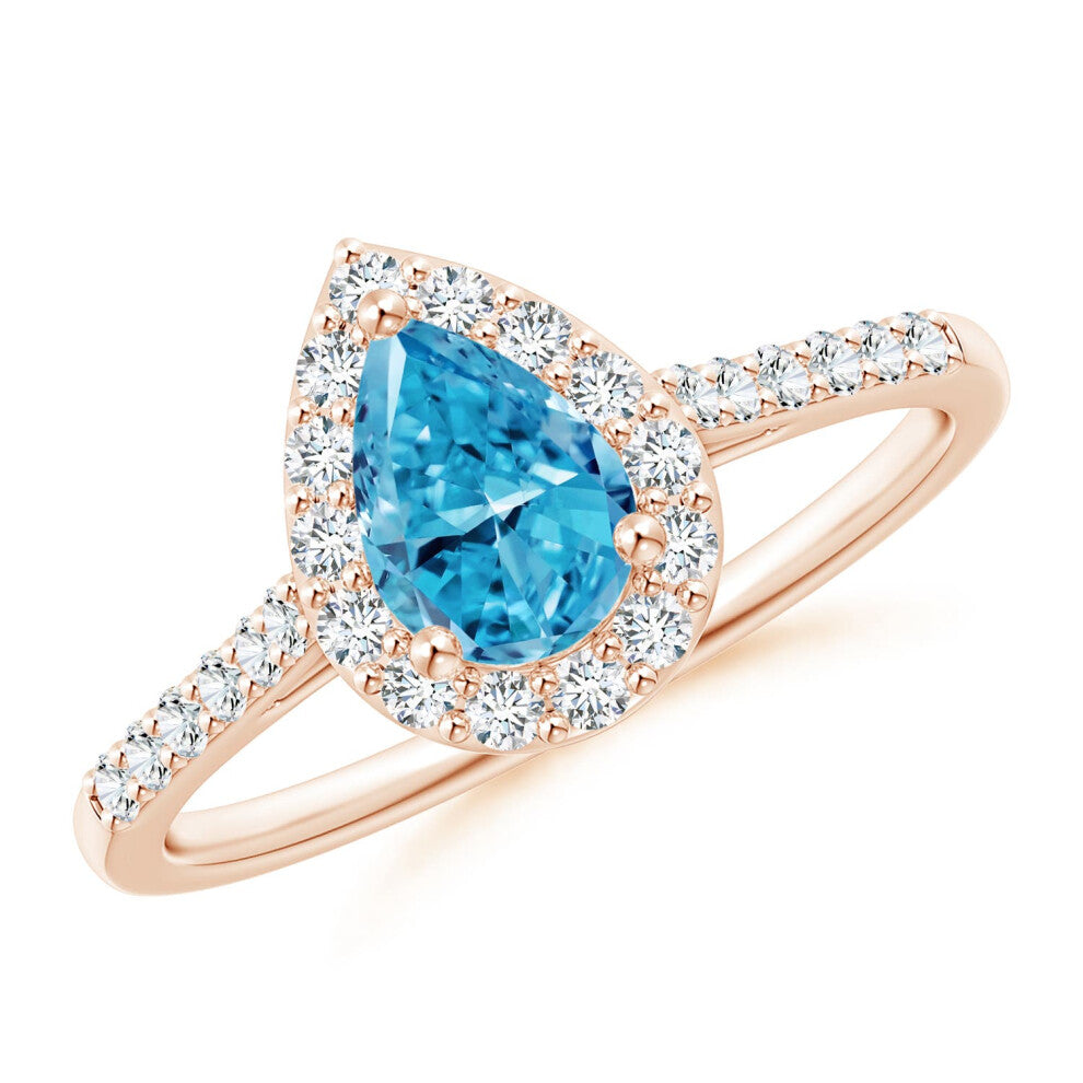 (O 1-2, 14ct Rose Gold) Angara Pear-Shaped Lab-Grown Fancy Intense Blue Diamond Halo Engagement Ring with Accents for Women