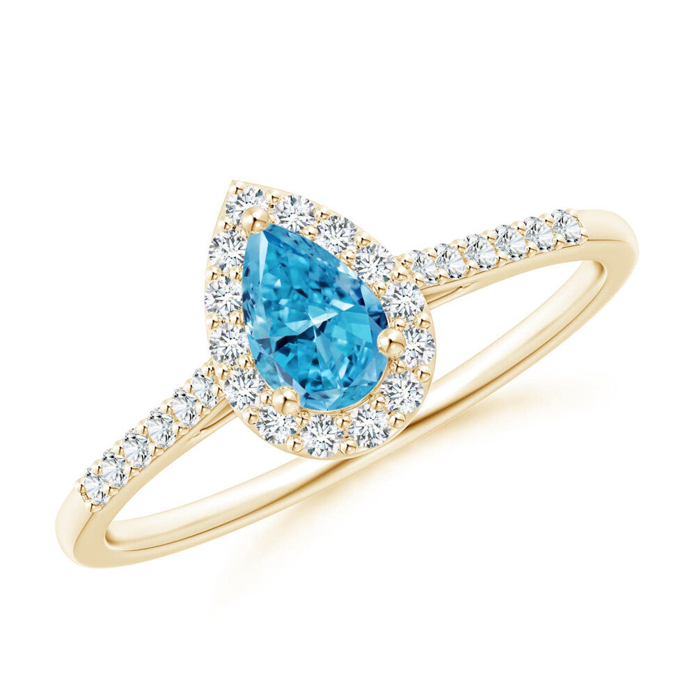 (O 1-2, 14ct Yellow Gold) Angara Pear-Shaped Lab-Grown Fancy Intense Blue Diamond Halo Engagement Ring with Accents for Women