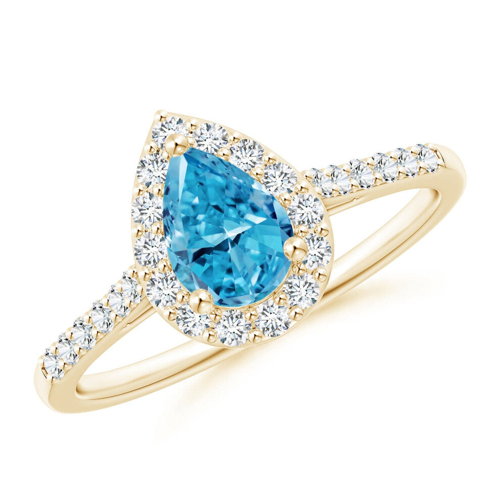(T 1-2, 14ct Yellow Gold) Angara Pear-Shaped Lab-Grown Fancy Intense Blue Diamond Halo Engagement Ring with Accents for Women