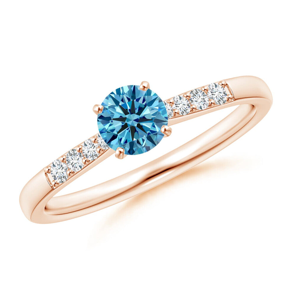 (Q 1-2, 14ct Rose Gold) Angara Solitaire Lab-Grown Fancy Intense Blue Diamond Tapered Shank Engagement Ring with Accents for Women