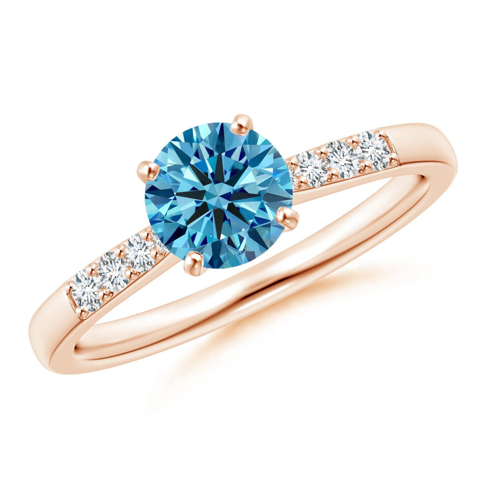 (M 1-2, 14ct Rose Gold) Angara Solitaire Lab-Grown Fancy Intense Blue Diamond Tapered Shank Engagement Ring with Accents for Women