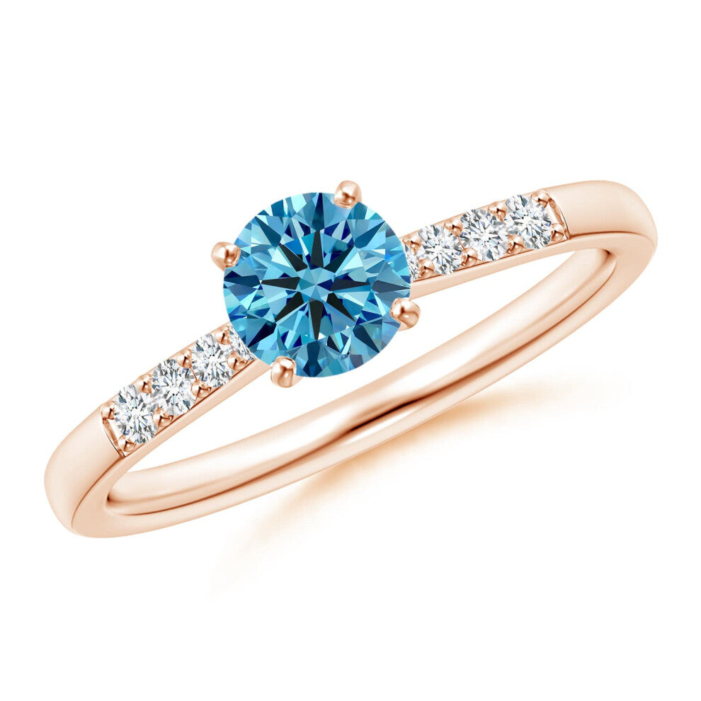 (K 1-2, 9ct Rose Gold) Angara Solitaire Lab-Grown Fancy Intense Blue Diamond Tapered Shank Engagement Ring with Accents for Women