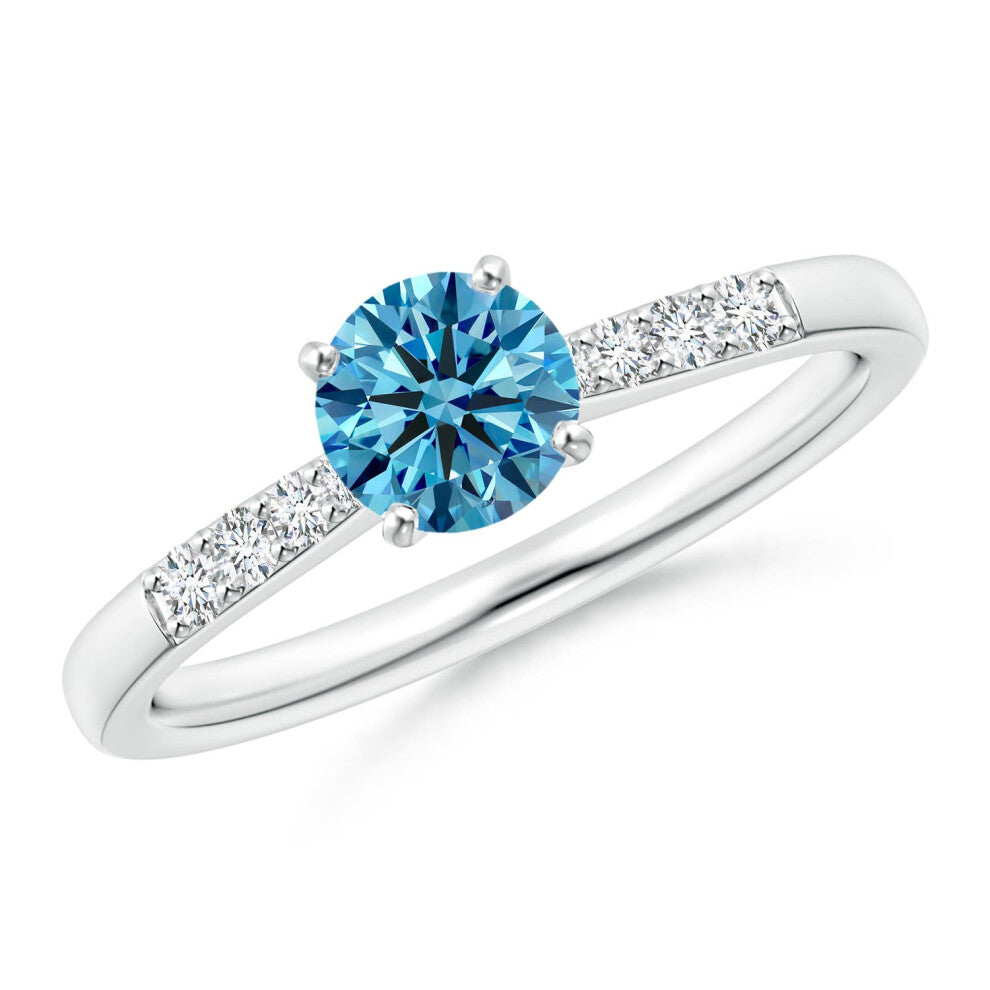 (S 1-2, 14ct White Gold) Angara Solitaire Lab-Grown Fancy Intense Blue Diamond Tapered Shank Engagement Ring with Accents for Women