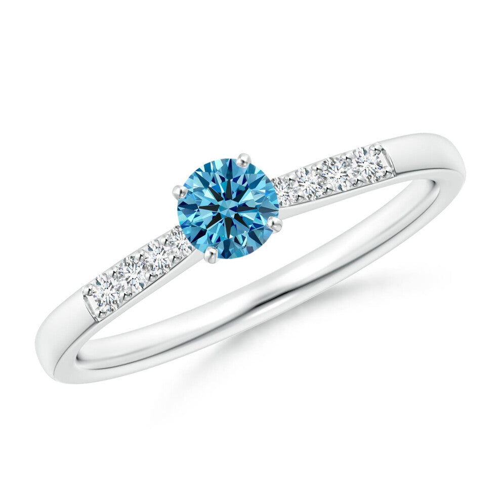 (K 1-2, 9ct White Gold) Angara Solitaire Lab-Grown Fancy Intense Blue Diamond Tapered Shank Engagement Ring with Accents for Women