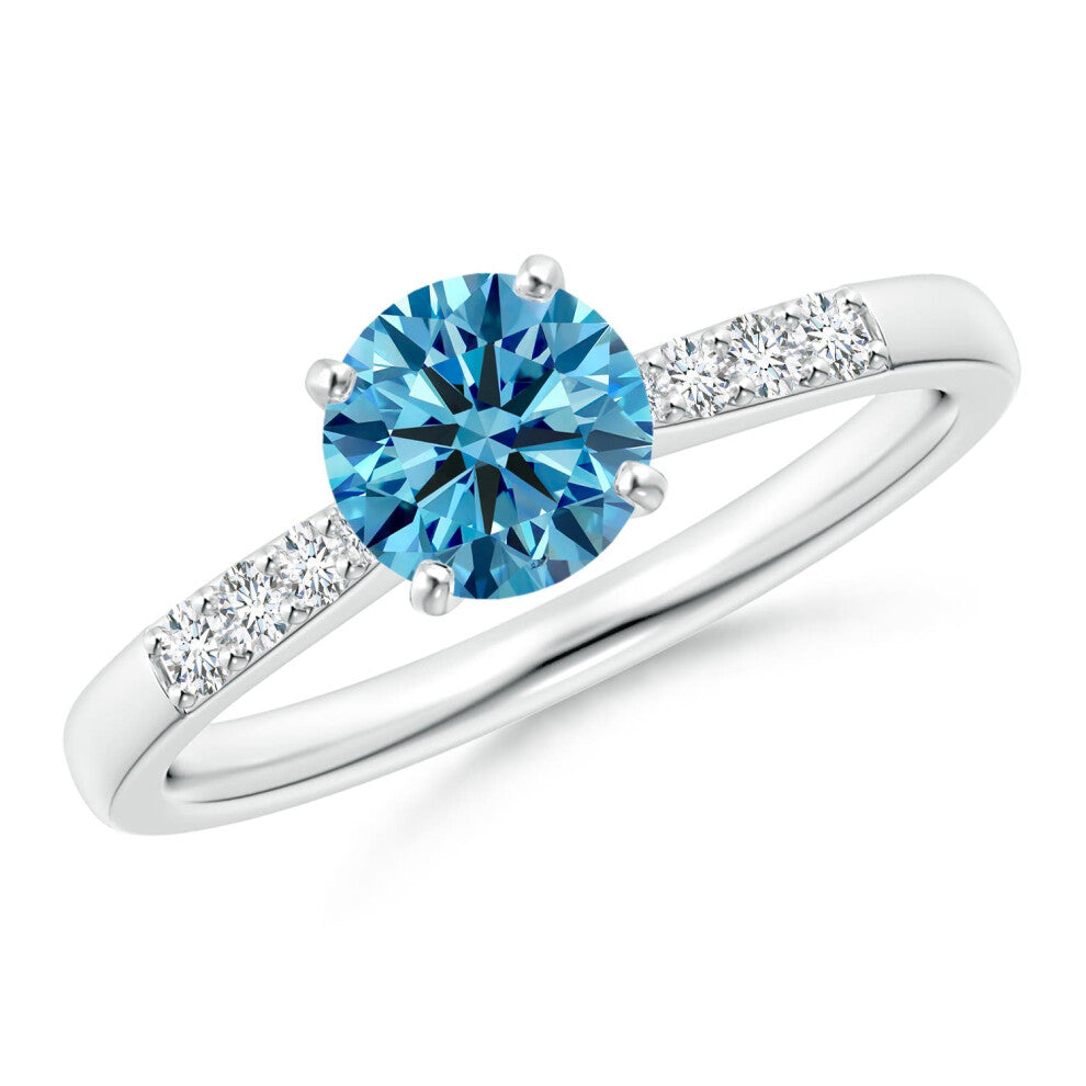 (P 1-2, 9ct White Gold) Angara Solitaire Lab-Grown Fancy Intense Blue Diamond Tapered Shank Engagement Ring with Accents for Women