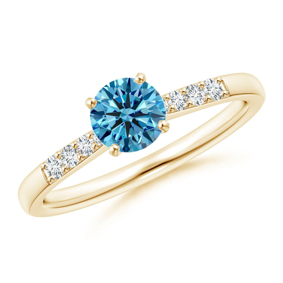 (Q 1-2, 14ct Yellow Gold) Angara Solitaire Lab-Grown Fancy Intense Blue Diamond Tapered Shank Engagement Ring with Accents for Women
