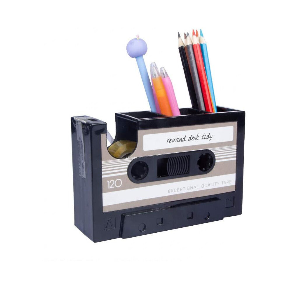 Creative Tape Pen Holder, Retro Cassette Tape Dispenser, Stationery Desk Tidy Container, Office Stationery Storage Container (Grey)