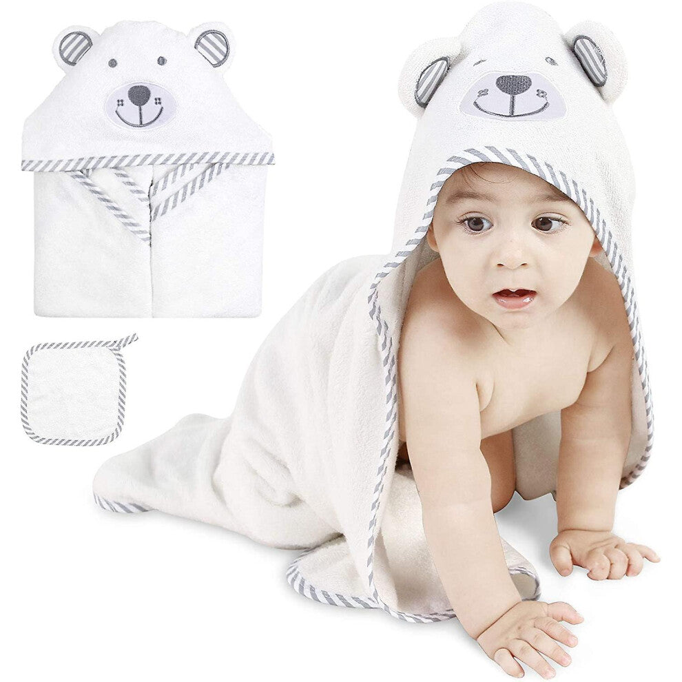 Hooded Baby Bath Towel with Washcloth, Organic Cotton Fiber, Cute Bear Ear Design, White Soft Breath