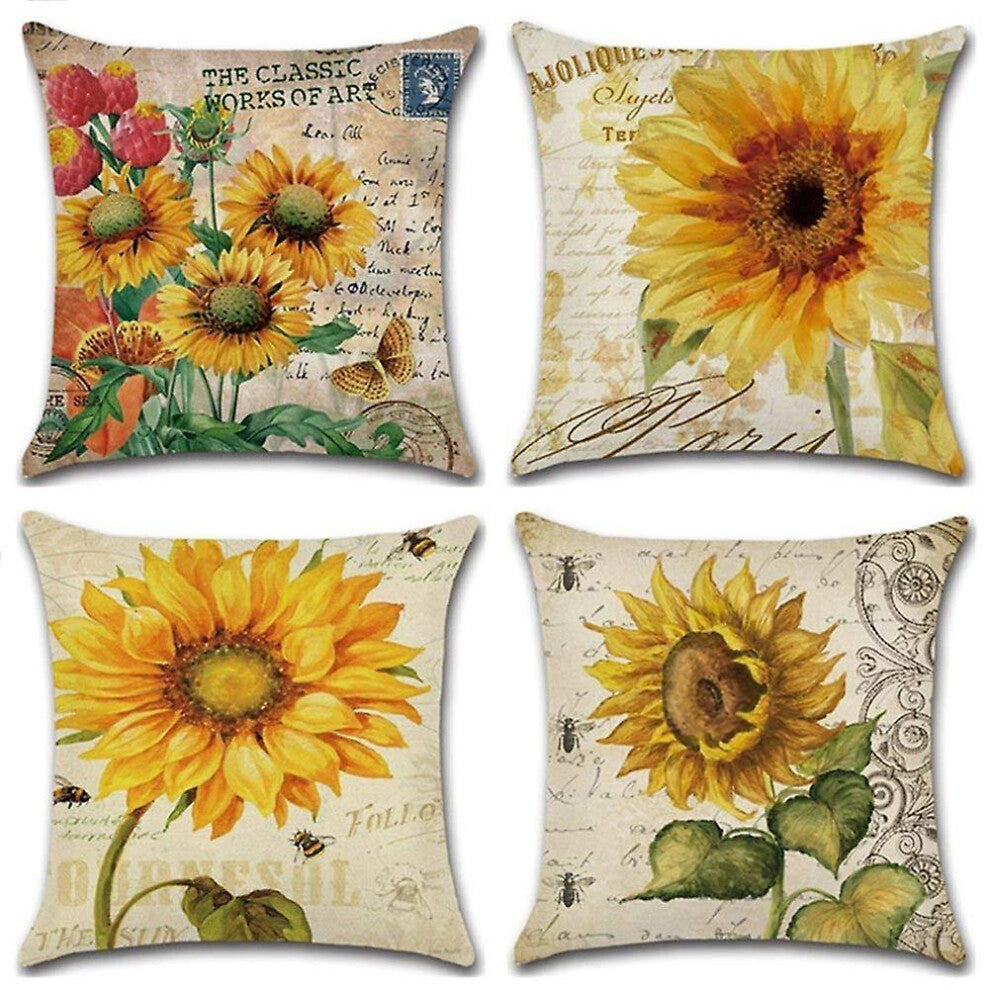 Set of 4 Sunflowers Pillow Cases, Throw Cushion Cover Cotton Linen Pillowcase Home Decoration,45x45c
