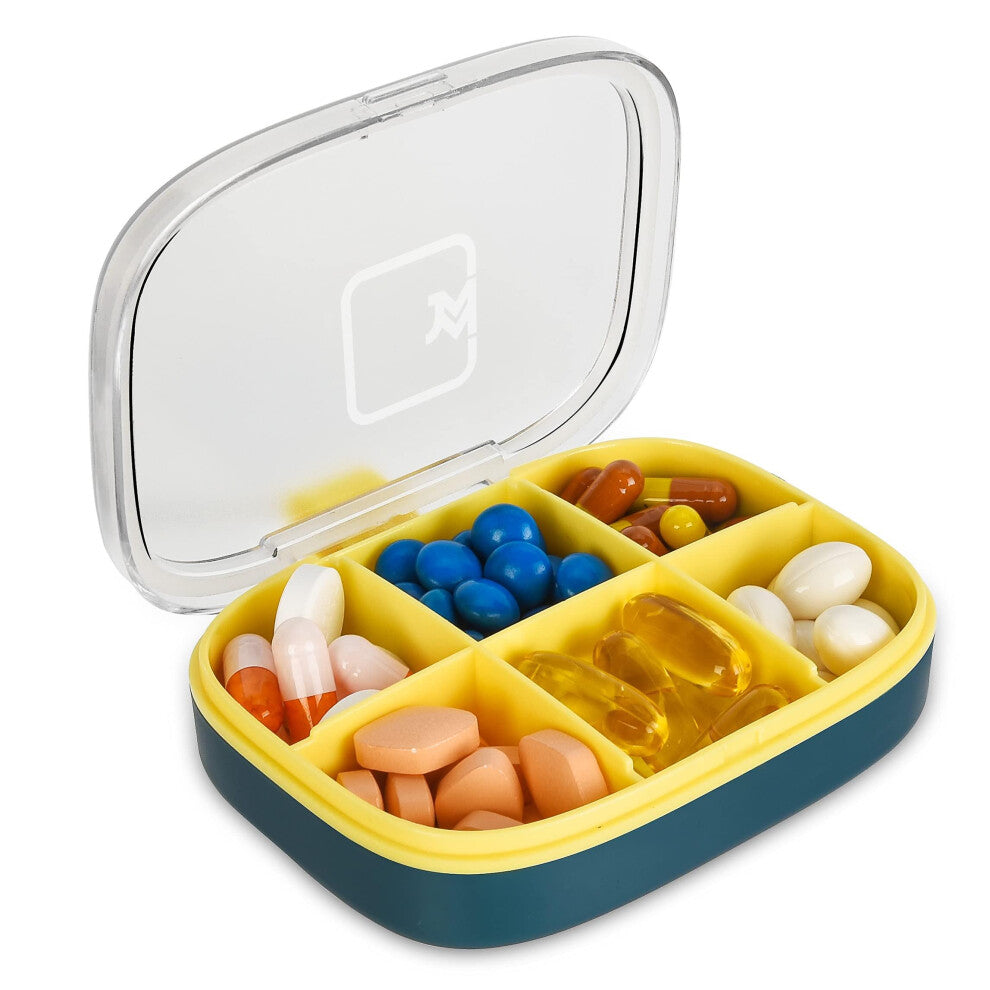 Pill Organizer Small Pill Box, Travel Pill Holder for Purse,6 Compartments Waterproof Pill Case Blue
