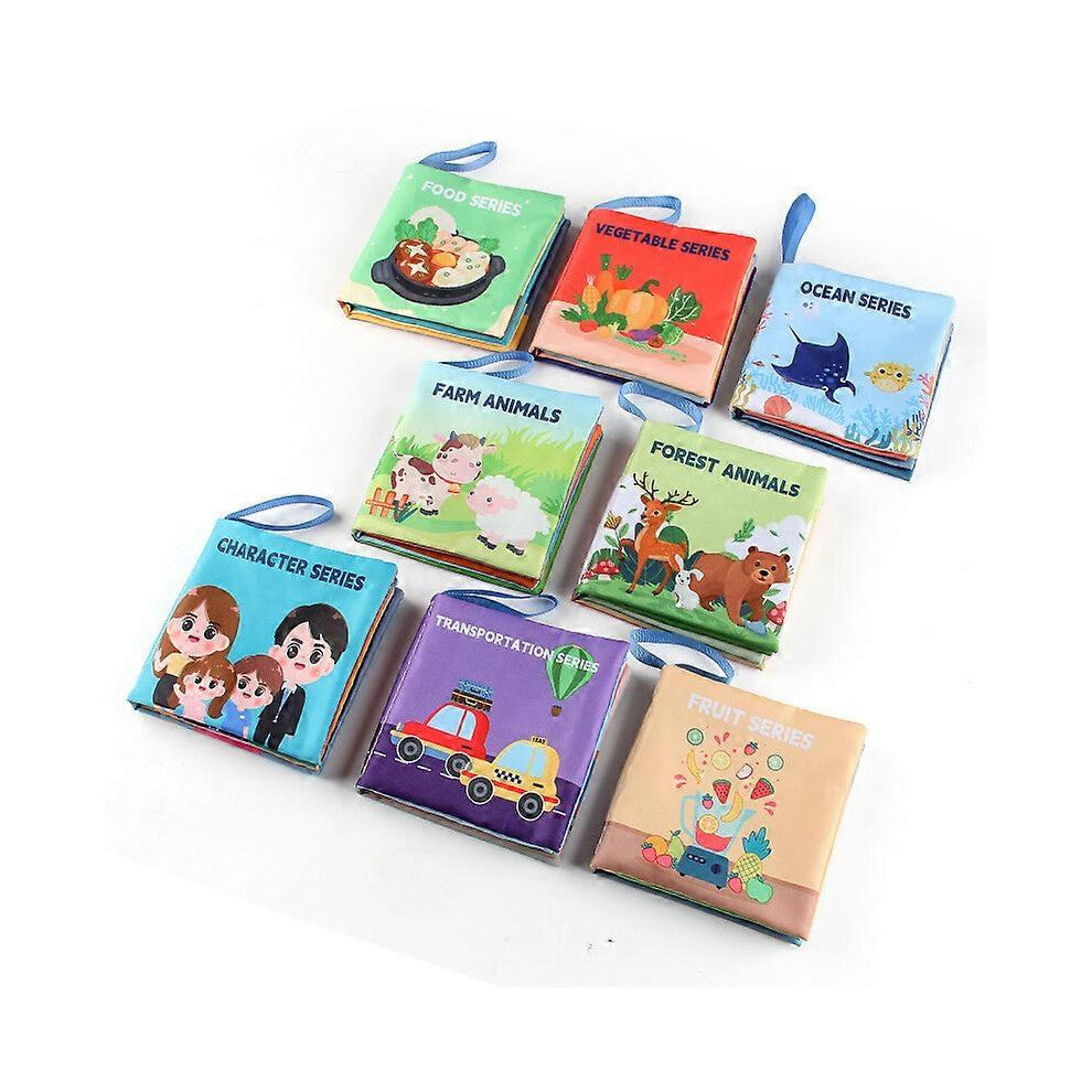 8pcs Baby Books Toys, Soft Cartoon Book Baby Learning Toys with Traffic & Vegetables & Fruits & Animals & Family, Interactive Baby Books Learning Toy
