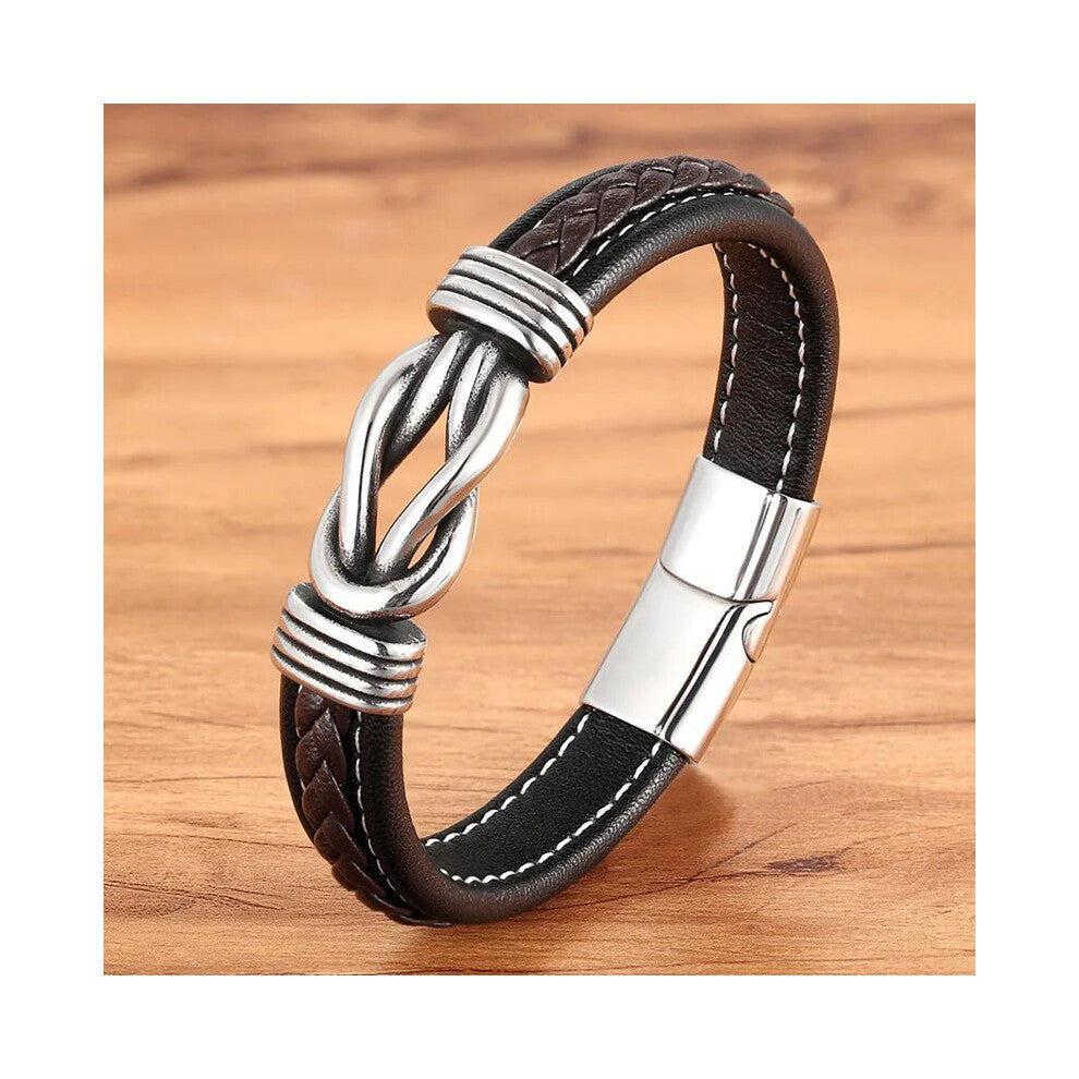 (19cm, Black-Coffee) Geometric Stainless Steel Mens Leather Bracelet